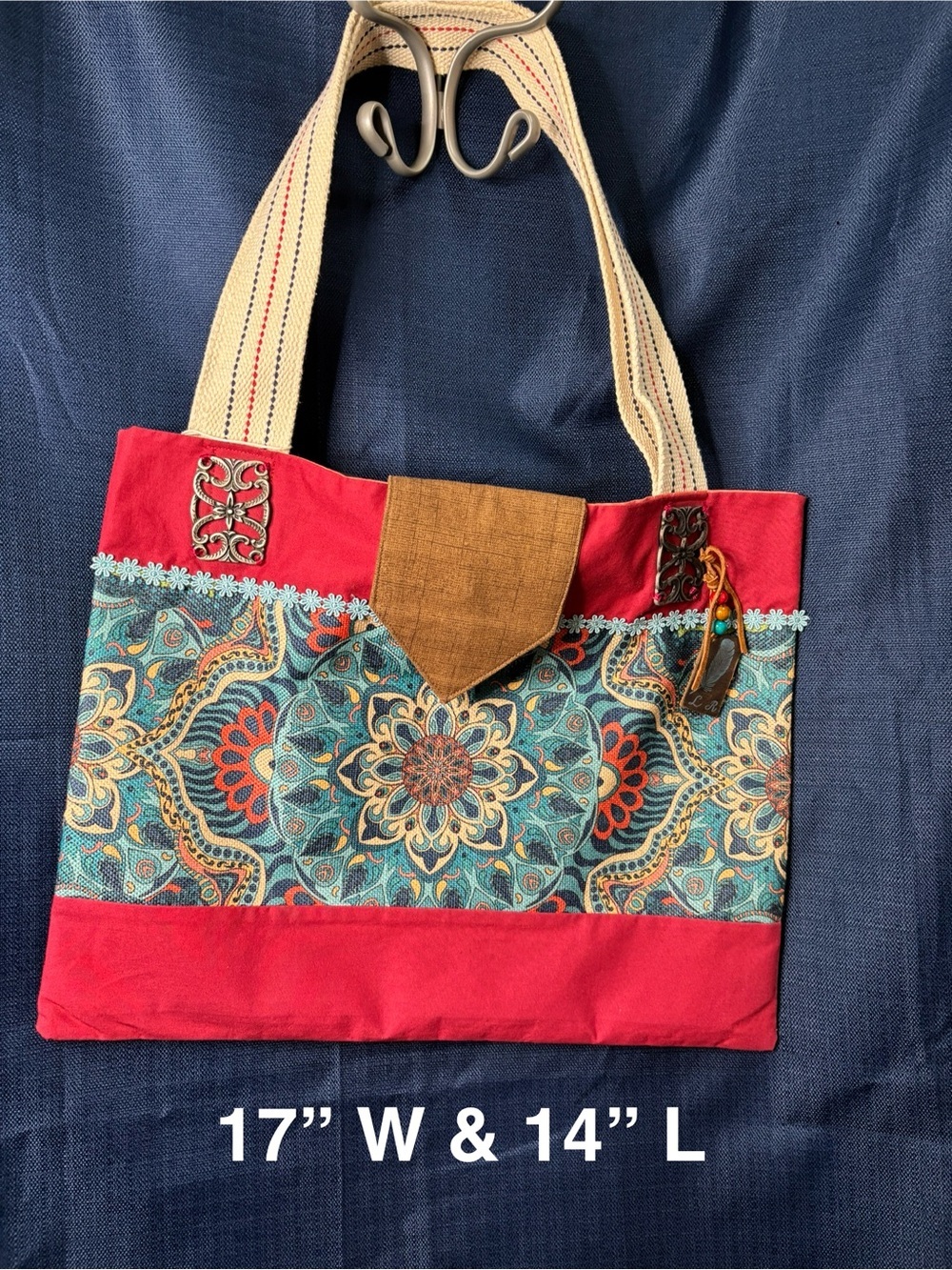 Red & Teal Floral Tote Bag with Canvas Handles